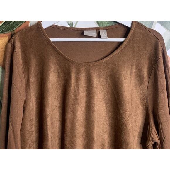 Chicos Size 3 US XL Brown Cognac Sueded Eyelet Cut out 4/3 Sleeve Tunic Top New - Picture 2 of 5